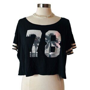 Women XL Black Crop Tee Sequin 78 Palm Tree Oversized Sporty Hip Hop Athleisure